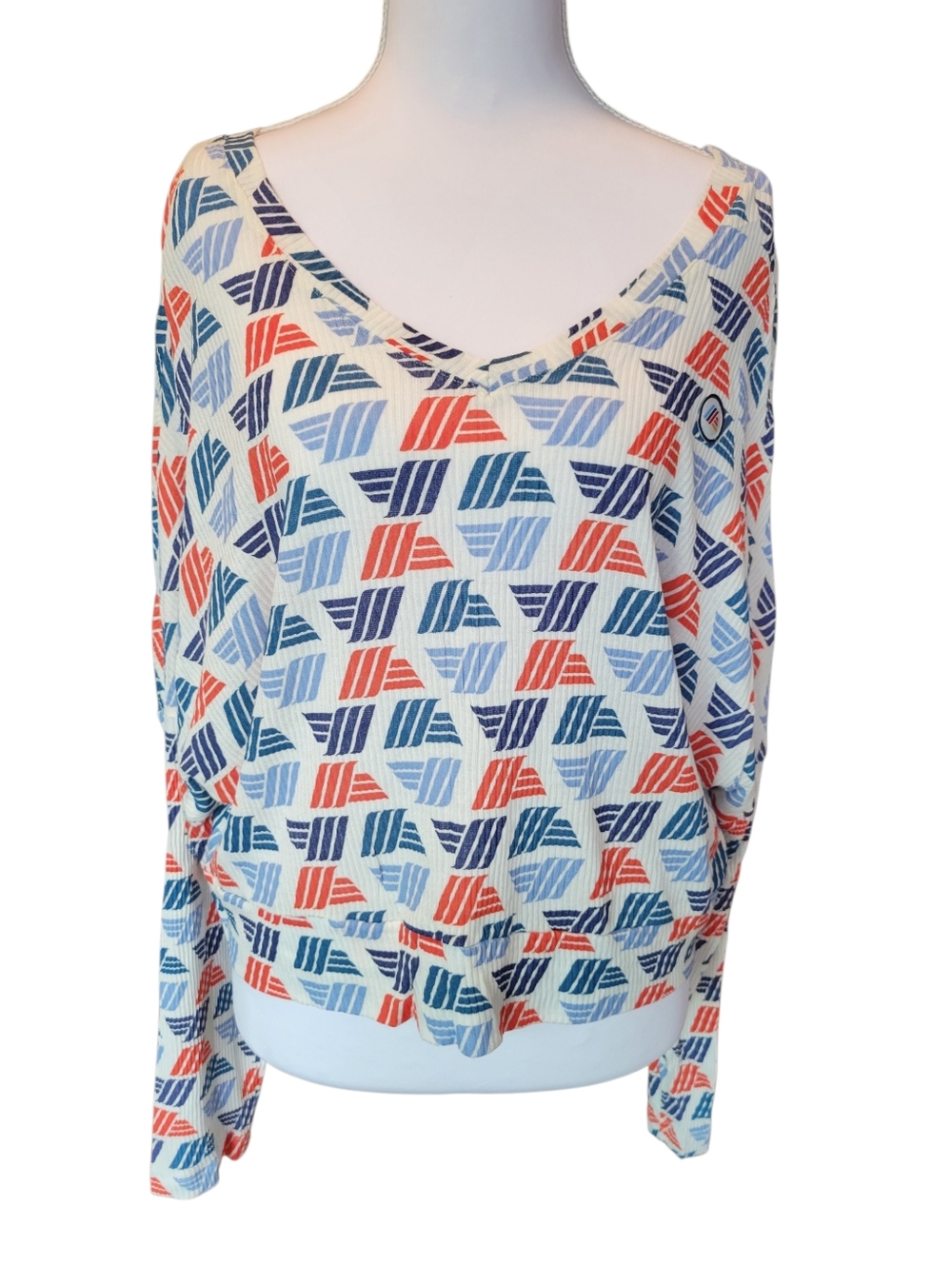 Aldi Gear Red White Blue Ribbed Vneck Dolman Sleeve Top